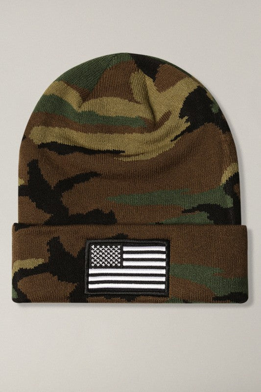 ARMY CAMO BEANIES: USA Flag Embroidery Patch Cuff Camo Beanie Hat
