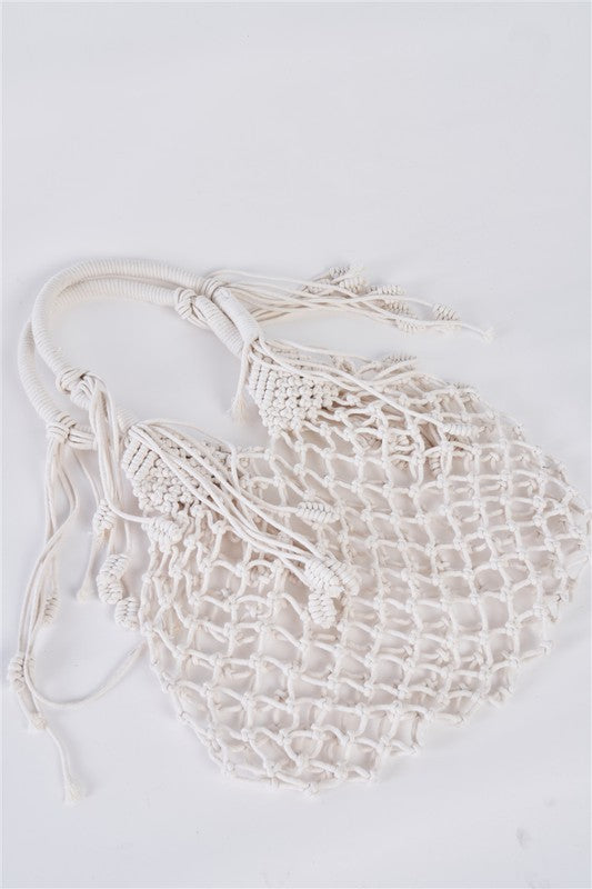 HANDBAGS: Ivory Fashion Cotton Fringe Net Bag