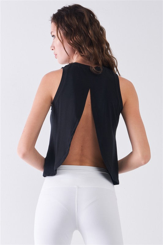 TOP: Sleeveless Crew Neck Ribbed Split Back Top