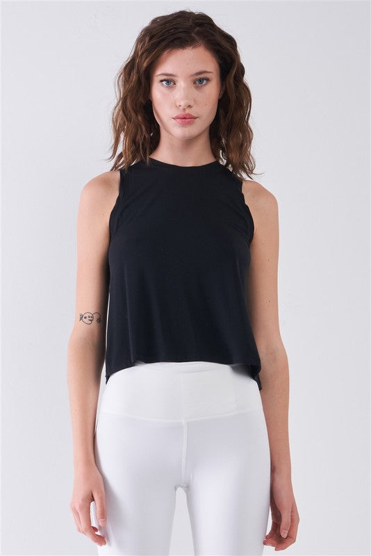 TOP: Sleeveless Crew Neck Ribbed Split Back Top