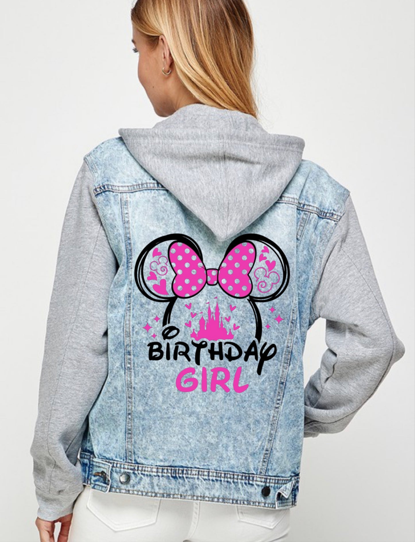 * DISNEY: Hooded Jean Jacket Minnie Mouse Birthday Girl Available Tees, Crewneck Sweatshirts and Hoodies