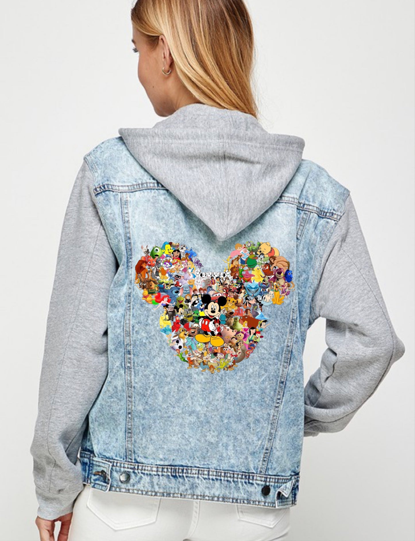 * DISNEY: Hooded Jean Jacket "Mickey Mouse & Friends" Also available in Unisex Tees, Crewneck Sweatshirts and Hoodies