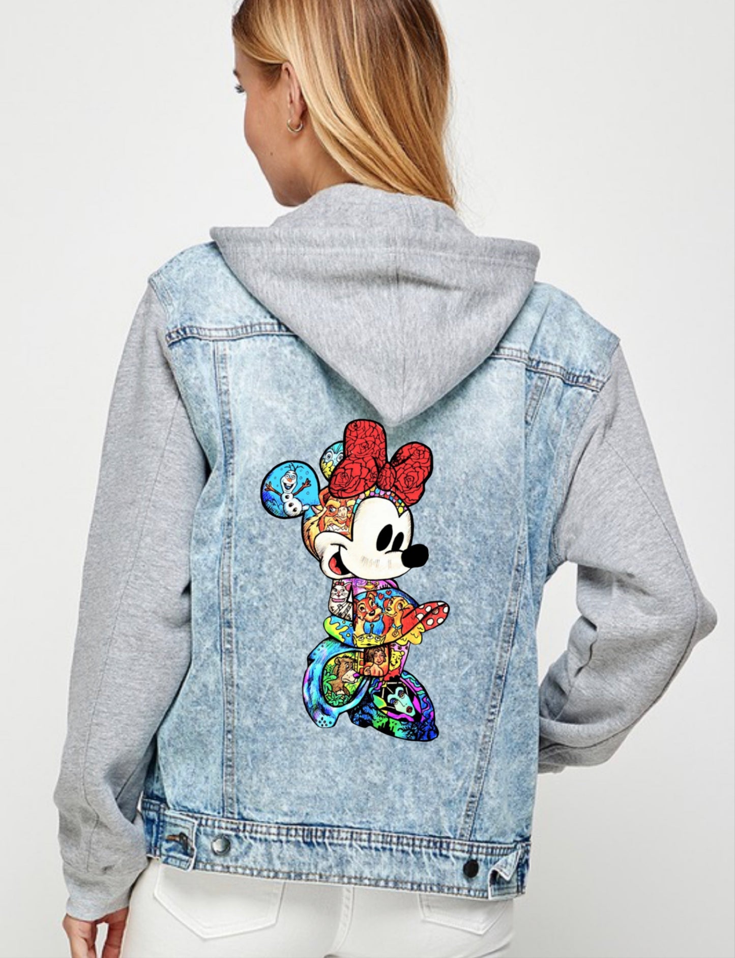 * DISNEY: Jean Hooded Jacket "Minnie Mouse" Available in Unisex Tees , Crewneck Sweatshirts and Hoodies