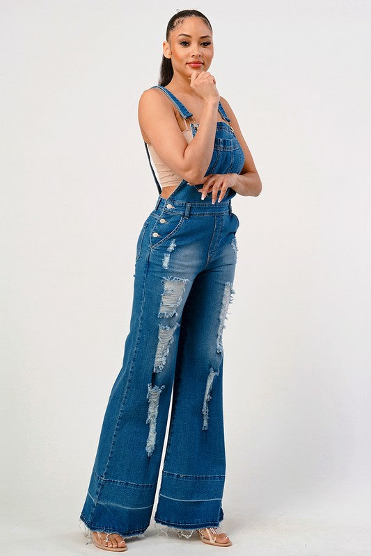 JEANS: STRETCH DISTRESSED EXTRA FLARED LEG DENIM OVERALLS