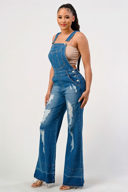 JEANS: STRETCH DISTRESSED EXTRA FLARED LEG DENIM OVERALLS