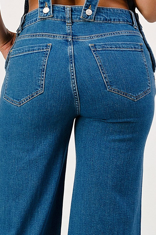 JEANS: STRETCH DISTRESSED EXTRA FLARED LEG DENIM OVERALLS