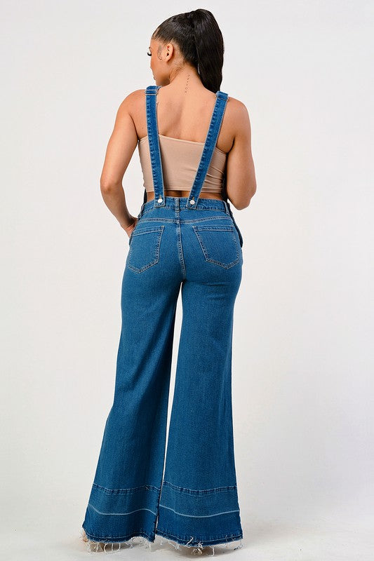 JEANS: STRETCH DISTRESSED EXTRA FLARED LEG DENIM OVERALLS