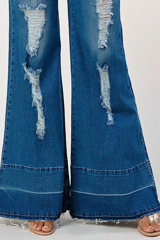 JEANS: STRETCH DISTRESSED EXTRA FLARED LEG DENIM OVERALLS