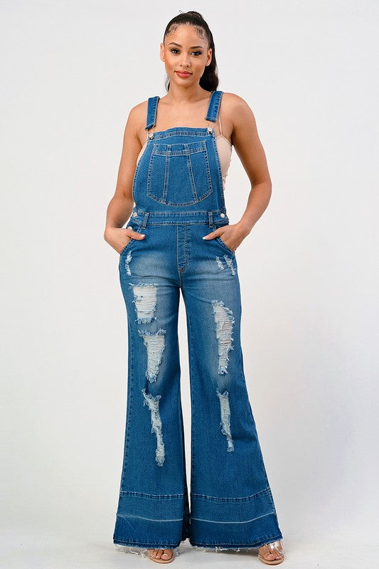 JEANS: STRETCH DISTRESSED EXTRA FLARED LEG DENIM OVERALLS