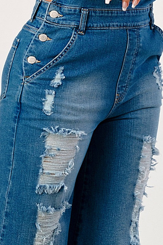 JEANS: STRETCH DISTRESSED EXTRA FLARED LEG DENIM OVERALLS