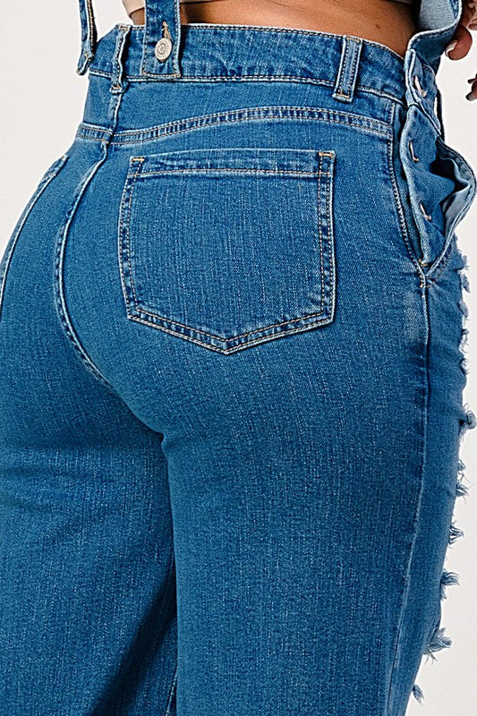 JEANS: STRETCH DISTRESSED EXTRA FLARED LEG DENIM OVERALLS