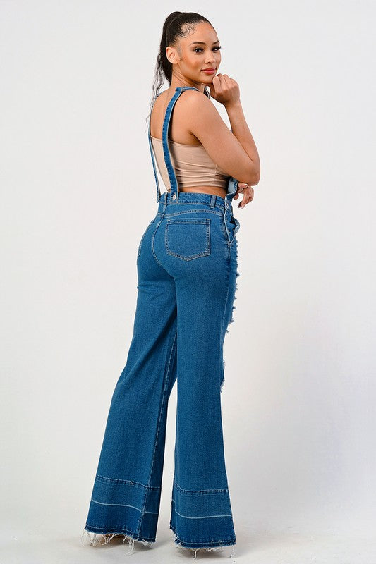 JEANS: STRETCH DISTRESSED EXTRA FLARED LEG DENIM OVERALLS
