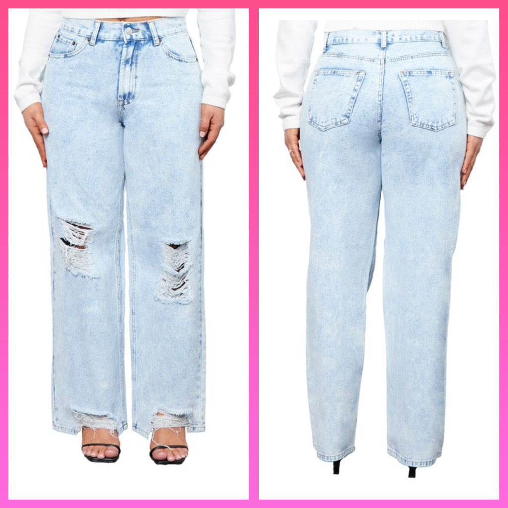 JEANS: Destroyed Denim Wide Leg Skater Jeans